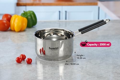 Sumeet Stainless Steel Induction Bottom Gas Stove & Induction Friendly Saucepan with Bacelite wire handle, 2500ml, 18 cm Dia, Silver