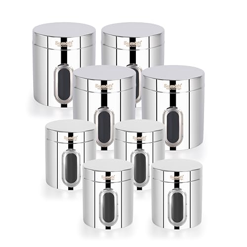 Sumeet Stainless Steel Small Containers/Jars/Dabba for Kitchen Storage with See Through Window - set of 8Pcs, 1100ml + 1820ml capacity, 11.5cm & 13.3cm Dia, Silver