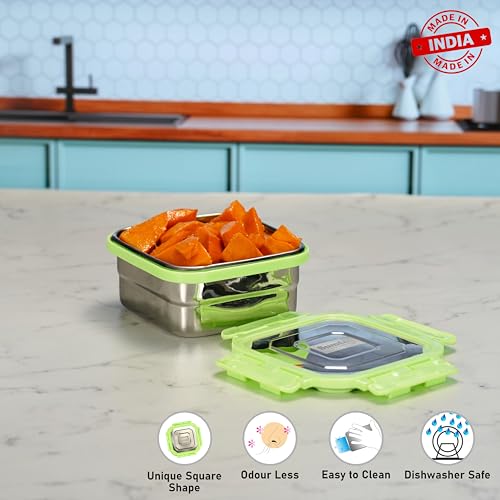 Sumeet Stainless Steel Square Shape Airtight Lock & Leak Proof Container/Lunch Box with Steel Lid - 550Ml, Pack of 1, Silver