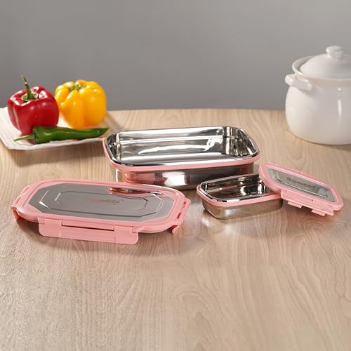Sumeet Twin Pack Stainless Steel Airtight, Leak Proof Lunch Box, Tiffin for School, Office, Kids 1000ml+170ml, Pack of 1, Pink