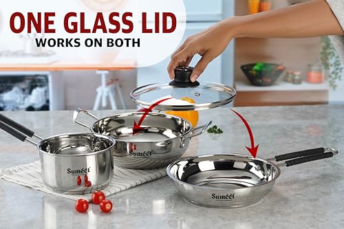 Sumeet Stainless Steel Induction Bottom Gas Stove & Induction Friendly 4PC Cookware Set, Kadai - 1500ml / 20cm, Frypan 1250ml / 20cm, Saucepan 1250ml / 14cm with Glass Lid, Pack of 4, Silver