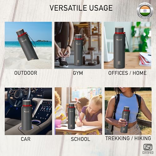 Sumeet Nero 24 Hrs Hot & Cold ISI Certified Stainless Steel Leak Proof Water Bottle for Office/School/College/Gym/Picnic/Home/Trekking -900ml, Pack of 1, Greay