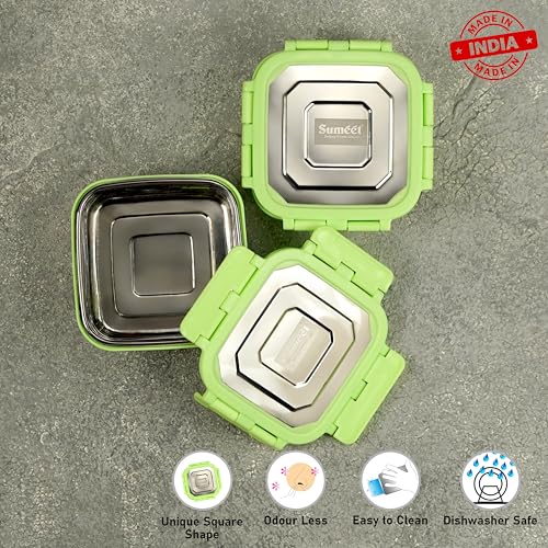 Sumeet Stainless Steel Square Shape Airtight Lock & Leak Proof Container/Lunch Box with Steel Lid - 400ml & 550ml, Pack of 2, Silver