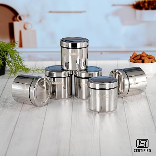 Sumeet ISI Certified Stainless Steel Air Tight Storage Container/Jar/Canister/Dabba with Threading Screw Cap for Kitchen - Pack of 6Pc, 8.3cm, 350ml, Silver