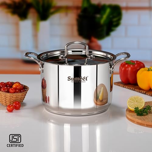 Sumeet ISI Certified Stainless Steel Casserole Handi/Stock Pot/Biryani Pot/Dutch Oven with Steel Lid - Even Heat, Cook-N-Serve, Gas and Induction Friendly, 20Cm, 4.2Ltr, Silver