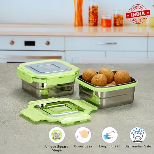 Sumeet Stainless Steel Square Shape Airtight Lock & Leak Proof Container/Lunch Box with Steel Lid - 550Ml, Pack of 2, Silver