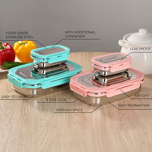 Sumeet Twin Pack Stainless Steel Airtight, Leak Proof Lunch Box, Tiffin for School, Office, Kids 1000ml+170ml, Pack of 2, Green & Pink