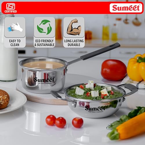 Sumeet Cook Smart ISI Certified Tri-Ply (Steel - Aluminium - Steel) Set of 3 Pcs Mini Kadai 370ml - SauceTadka Pan 450ml with Silicon Grip | Induction and Gas Friendly | 2.5mm Thick, Silver