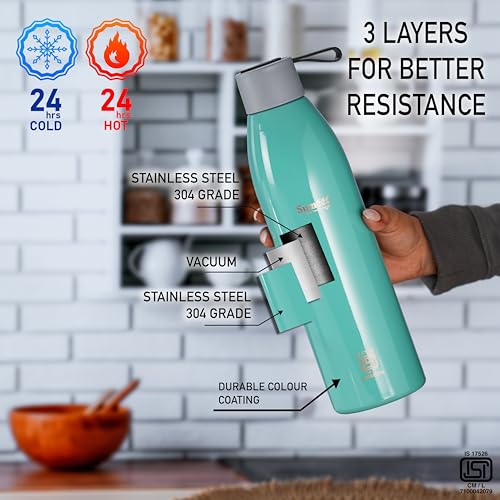 Sumeet Dew 24 Hrs Hot & Cold ISI Certified Stainless Steel Leak Proof Water Bottle for Office/School/College/Gym/Picnic/Home/Trekking -750ml, Pack of 1, Green