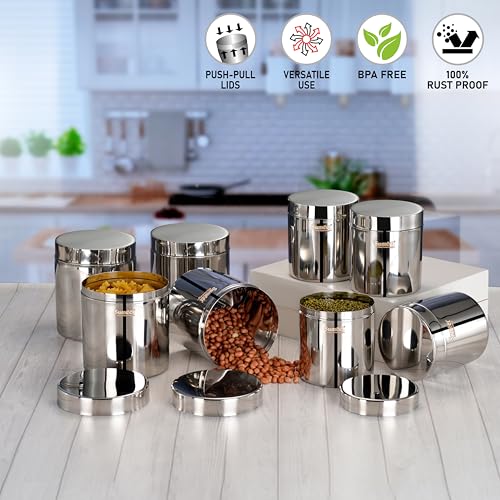 Sumeet Stainless Steel Containers/Jars/Dabba for Kitchen Storage with Lids - set of 8Pcs, 1250ml + 1800ml capacity, 11.5cm & 13.3cm Dia, Silver
