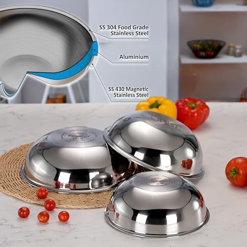 Sumeet Cook Smart TriPly Steel-Aluminium-Steel -3 Layers Cookware Tasra Set of 3Pc 1.1Ltr, 1.75Ltr & 2.150Ltr / 2.5mm Thick/Deep Tasra/Kadhai for Induction Friendly Cooking - 5 Year Warranty
