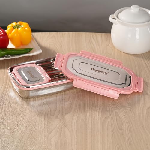 Sumeet Twin Pack Stainless Steel Airtight, Leak Proof Lunch Box, Tiffin for School, Office, Kids 1000ml+170ml, Pack of 1, Pink