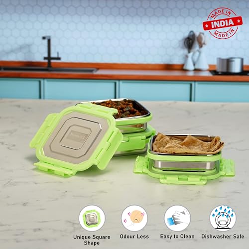 Sumeet Stainless Steel Square Shape Airtight Lock & Leak Proof Container/Lunch Box with Steel Lid - 400Ml, Pack of 3, Silver