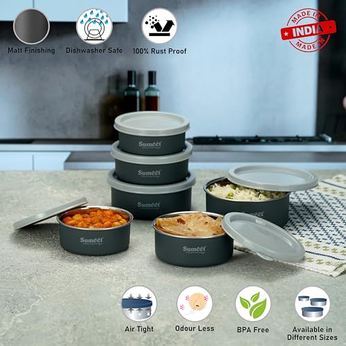 Sumeet Microwave Safe Stainless Steel Air Tight & Leak Proof Lunch Boxes/Storage Containers with Lids for Kitchen/Office/School, 240ml, 320ml, 420ml, set of 6, Grey