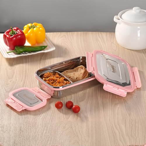 Sumeet Twin Pack Stainless Steel Airtight, Leak Proof Lunch Box, Tiffin for School, Office, Kids 1000ml+170ml, Pack of 1, Pink