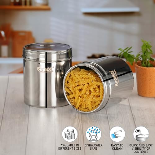 Sumeet Stainless Steel Containers/Jars/Dabba for Kitchen Storage with See Through Lids - set of 2Pcs, 1350ml capacity each, 11.7cm Dia, Silver