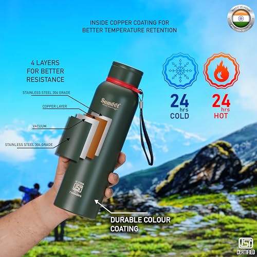 Sumeet Nero 24 Hrs Hot & Cold ISI Certified Stainless Steel Leak Proof Water Bottle for Office/School/College/Gym/Picnic/Home/Trekking -900ml, Pack of 1, Green
