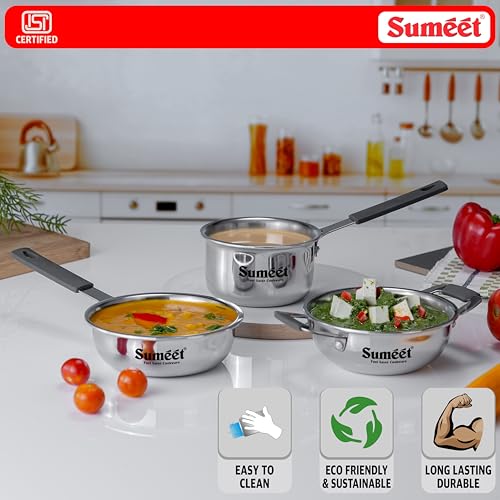 Sumeet Cook Smart ISI Certified Tri-Ply (Steel - Aluminium - Steel) Set of 3 Pcs Mini Kadhai - FryingTadka Pan- SauceTadka Pan 450ml with Silicon Grip | Induction & Gas Friendly | 2.5mm Thick, Silver