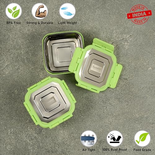 Sumeet Stainless Steel Square Shape Airtight Lock & Leak Proof Container/Lunch Box with Steel Lid - 550Ml, Pack of 2, Silver
