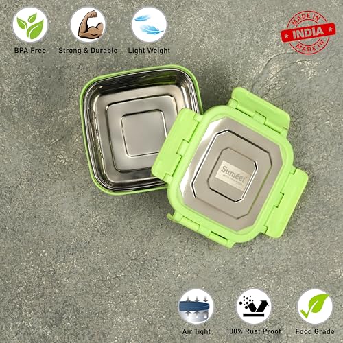 Sumeet Stainless Steel Square Shape Airtight Lock & Leak Proof Container/Lunch Box with Steel Lid - 550Ml, Pack of 1, Silver