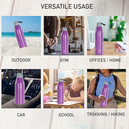 Sumeet Dew 24 Hrs Hot & Cold ISI Certified Stainless Steel Leak Proof Water Bottle for Office/School/College/Gym/Picnic/Home/Trekking -750ml, Pack of 1, Purple