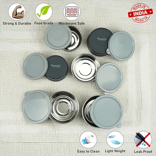 Sumeet Microwave Safe Stainless Steel Air Tight & Leak Proof Lunch Boxes/Storage Containers with Lids for Kitchen/Office/School, 240ml, 320ml, 420ml, set of 6, Grey