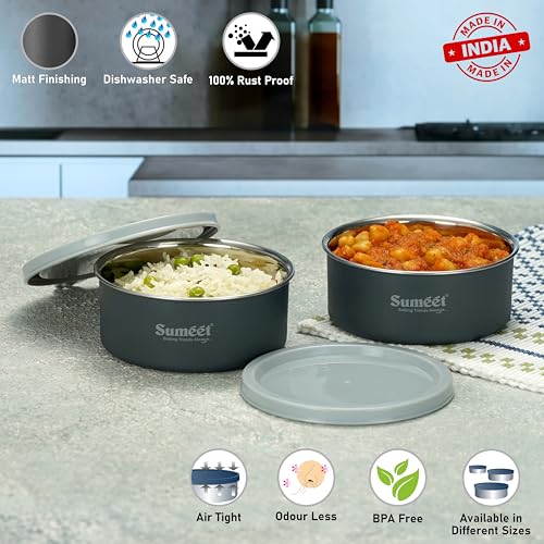 Sumeet Microwave Safe Stainless Steel Air Tight & Leak Proof Lunch Boxes/Storage Containers with Lids for Kitchen/Office/School, 420ml, set of 2, Grey