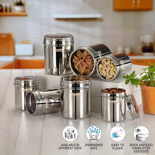 Sumeet Stainless Steel Small Containers/Jars/Dabba for Kitchen Storage with See Through Lids - set of 6Pcs, 400ml + 750ml capacity, 7.3cm & 9cm Dia, Silver