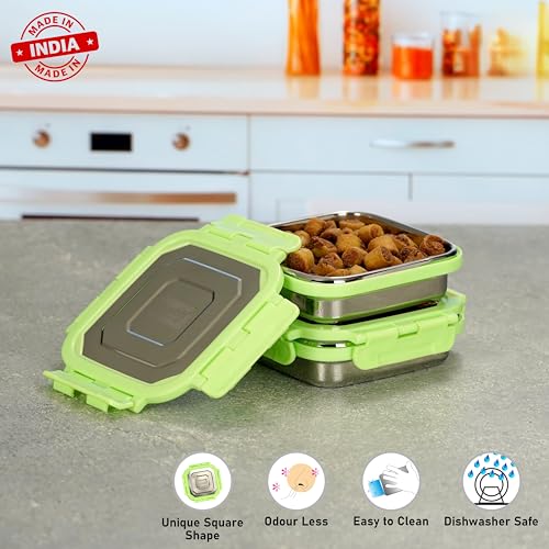 Sumeet Stainless Steel Square Shape Airtight Lock & Leak Proof Container/Lunch Box with Steel Lid - 300Ml, Pack of 2, Silver