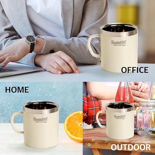 Sumeet Stainless Steel Coloured Double Wall Tea/Milk/Coffee Mug Set of 2Pc - 300ml - Ivory