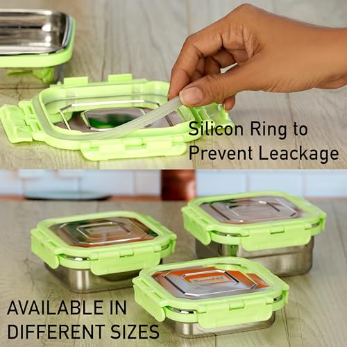 Sumeet Stainless Steel Square Shape Airtight Lock & Leak Proof Container/Lunch Box with Steel Lid - 550Ml, Pack of 1, Silver