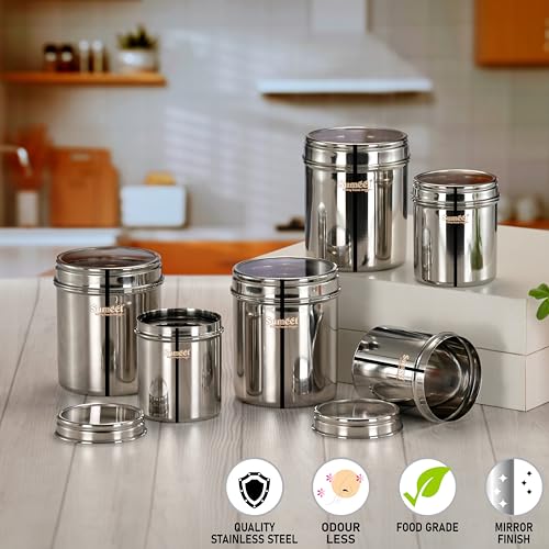 Sumeet Stainless Steel Small Containers/Jars/Dabba for Kitchen Storage with See Through Lids - set of 6Pcs, 400ml + 750ml capacity, 7.3cm & 9cm Dia, Silver