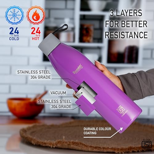 Sumeet Dew 24 Hrs Hot & Cold ISI Certified Stainless Steel Leak Proof Water Bottle for Office/School/College/Gym/Picnic/Home/Trekking -750ml, Pack of 1, Purple