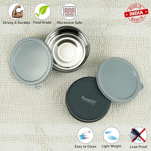 Sumeet Microwave Safe Stainless Steel Air Tight & Leak Proof Lunch Boxes/Storage Containers with Lids for Kitchen/Office/School, 420ml, set of 2, Grey