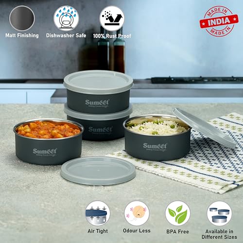 Sumeet Microwave Safe Stainless Steel Air Tight & Leak Proof Lunch Boxes/Storage Containers with Lids for Kitchen/Office/School, 420ml, set of 4, Grey