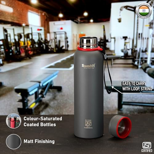 Sumeet Nero 24 Hrs Hot & Cold ISI Certified Stainless Steel Leak Proof Water Bottle for Office/School/College/Gym/Picnic/Home/Trekking -900ml, Pack of 1, Greay