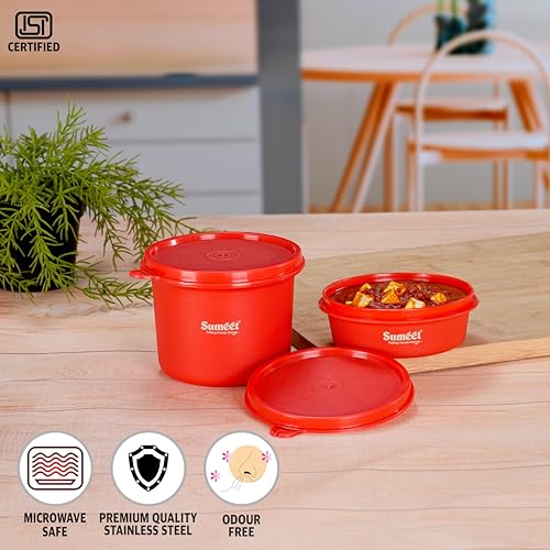 Sumeet ISI Certified Inside Steel Microwave Safe BPA Free Lunch Boxes/Storage Containers with Air Tight & Leak Proof Lid for Home/Office/School, 250ml & 500ml Set of 2, Red