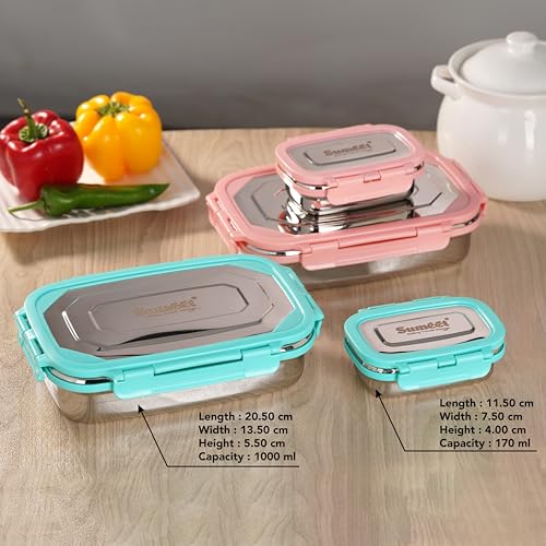 Sumeet Twin Pack Stainless Steel Airtight, Leak Proof Lunch Box, Tiffin for School, Office, Kids 1000ml+170ml, Pack of 2, Green & Pink