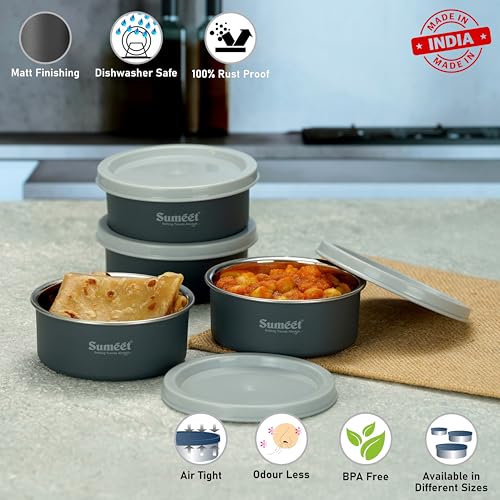 Sumeet Microwave Safe Stainless Steel Air Tight & Leak Proof Lunch Boxes/Storage Containers with Lids for Kitchen/Office/School, 320ml, set of 4, Grey