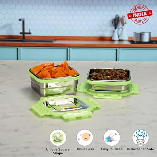 Sumeet Stainless Steel Square Shape Airtight Lock & Leak Proof Container/Lunch Box with Steel Lid - 300ml & 550ml, Pack of 2, Silver