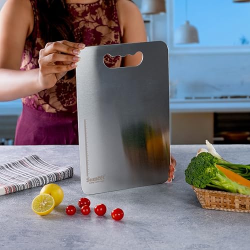 Sumeet Stainless Steel Medium Chopping Board| Rust-Proof, Dishwasher Safe |Heavy Duty and Durable for Vegetables, Fruits, kneading in Kitchen - 32.5cm x 22.5 cm, 1.5mm Thick, Silver