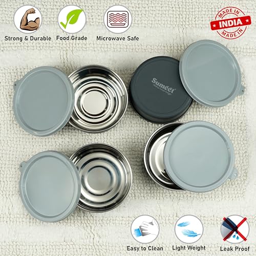 Sumeet Microwave Safe Stainless Steel Air Tight & Leak Proof Lunch Boxes/Storage Containers with Lids for Kitchen/Office/School, 420ml, set of 4, Grey