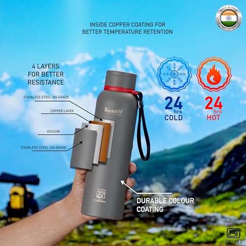 Sumeet Nero 24 Hrs Hot & Cold ISI Certified Stainless Steel Leak Proof Water Bottle for Office/School/College/Gym/Picnic/Home/Trekking -900ml, Pack of 1, Greay
