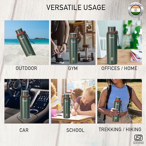 Sumeet Nero 24 Hrs Hot & Cold ISI Certified Stainless Steel Leak Proof Water Bottle for Office/School/College/Gym/Picnic/Home/Trekking -900ml, Pack of 1, Green