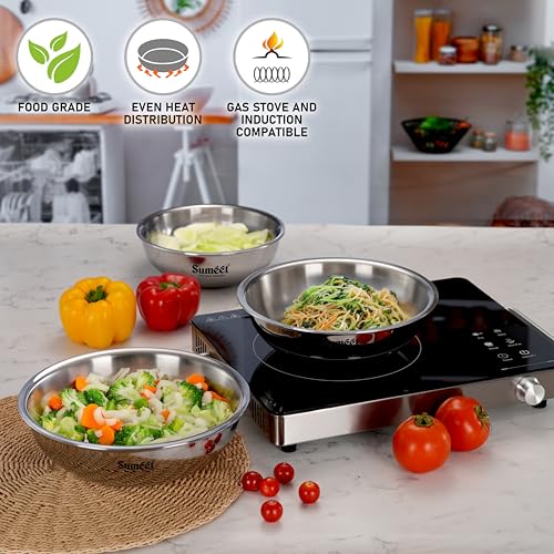 Sumeet Cook Smart TriPly Steel-Aluminium-Steel -3 Layers Cookware Tasra Set of 3Pc 1.1Ltr, 1.75Ltr & 2.150Ltr / 2.5mm Thick/Deep Tasra/Kadhai for Induction Friendly Cooking - 5 Year Warranty