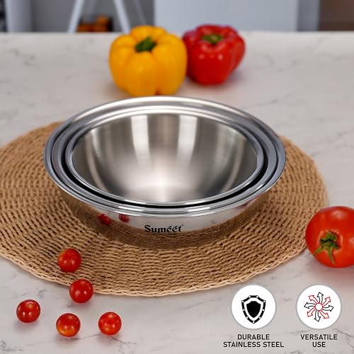 Sumeet Cook Smart TriPly Steel-Aluminium-Steel -3 Layers Cookware Tasra Set of 3Pc 1.1Ltr, 1.75Ltr & 2.150Ltr / 2.5mm Thick/Deep Tasra/Kadhai for Induction Friendly Cooking - 5 Year Warranty