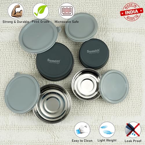 Sumeet Microwave Safe Stainless Steel Air Tight & Leak Proof Lunch Boxes/Storage Containers with Lids for Kitchen/Office/School, 240ml, 420ml, set of 4, Grey