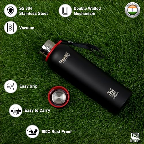 Sumeet Nero 24 Hrs Hot & Cold ISI Certified Stainless Steel Leak Proof Water Bottle for Office/School/College/Gym/Picnic/Home/Trekking -900ml, Pack of 1, Black
