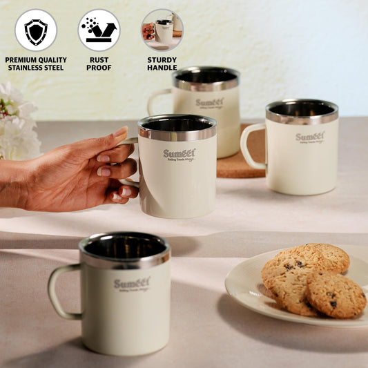 Sumeet Stainless Steel Coloured Double Wall Tea/Milk/Coffee Mug Set of 4Pc - 300ml - Ivory