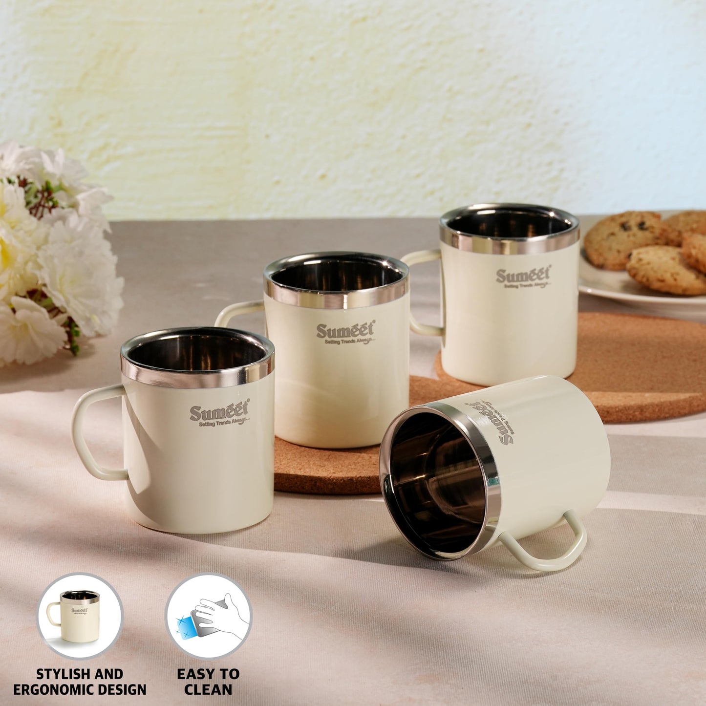 Sumeet Stainless Steel Coloured Double Wall Tea/Milk/Coffee Mug Set of 4Pc - 300ml - Ivory